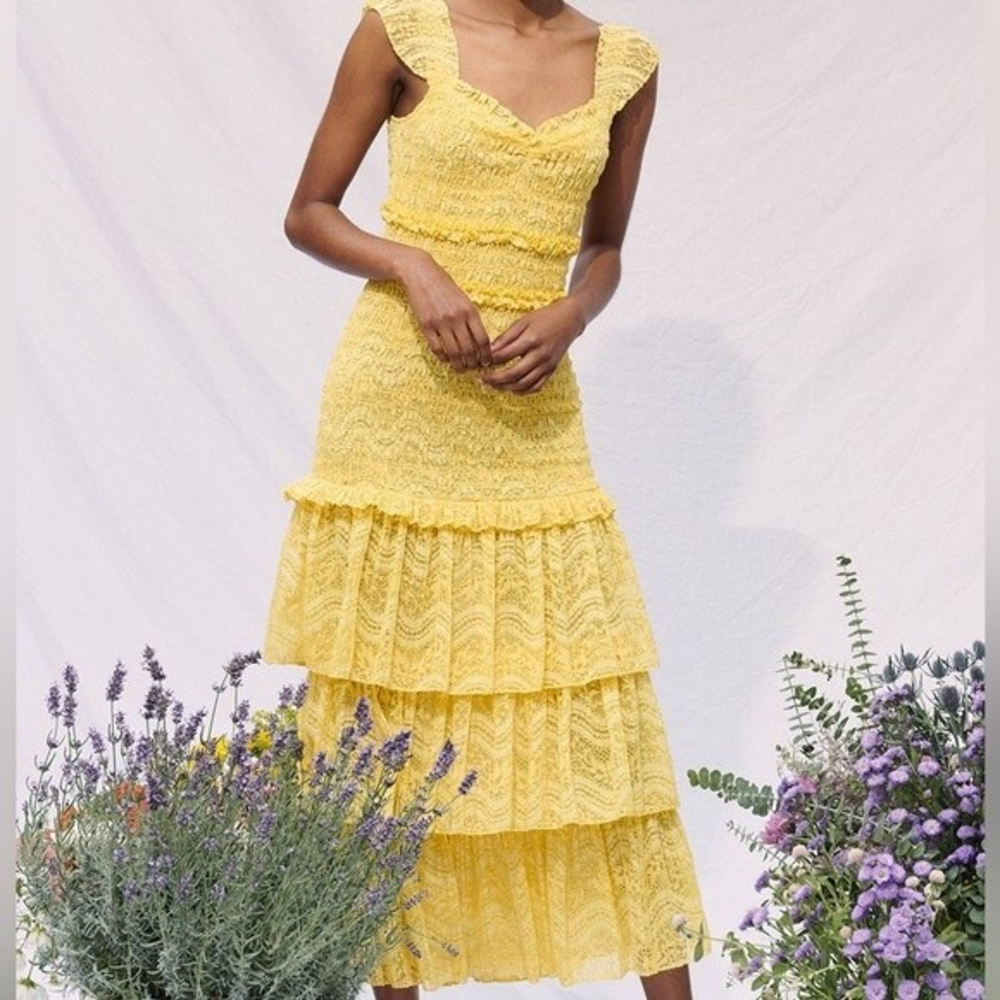 Saylor Perrie Tiered Lace Maxi Dress Yellow Smocked Ruffle‎ - Medium